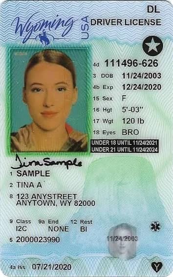 Sample Wyoming vertical driver license, issued to people under 21